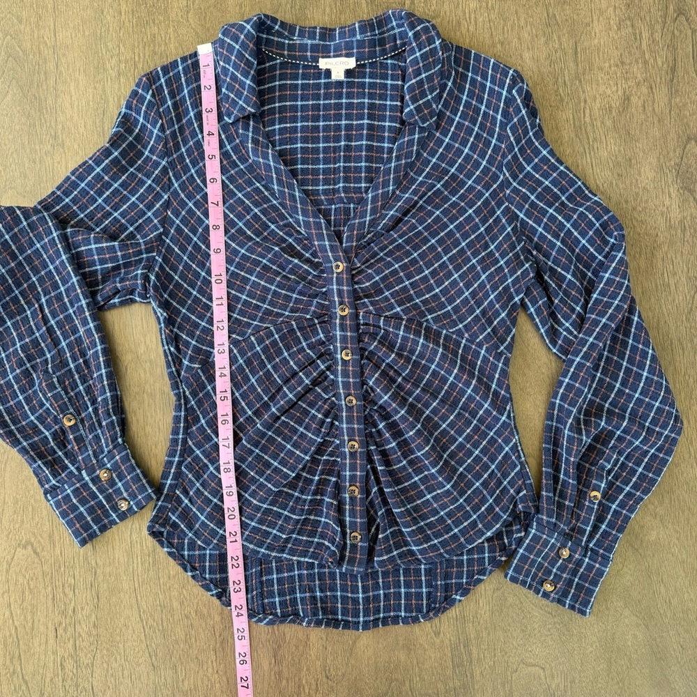Anthropologie Pilcro Keaton Plaid Ruched Long Sleeve Collared Blouse Blue Sz S - Picture 13 of 15